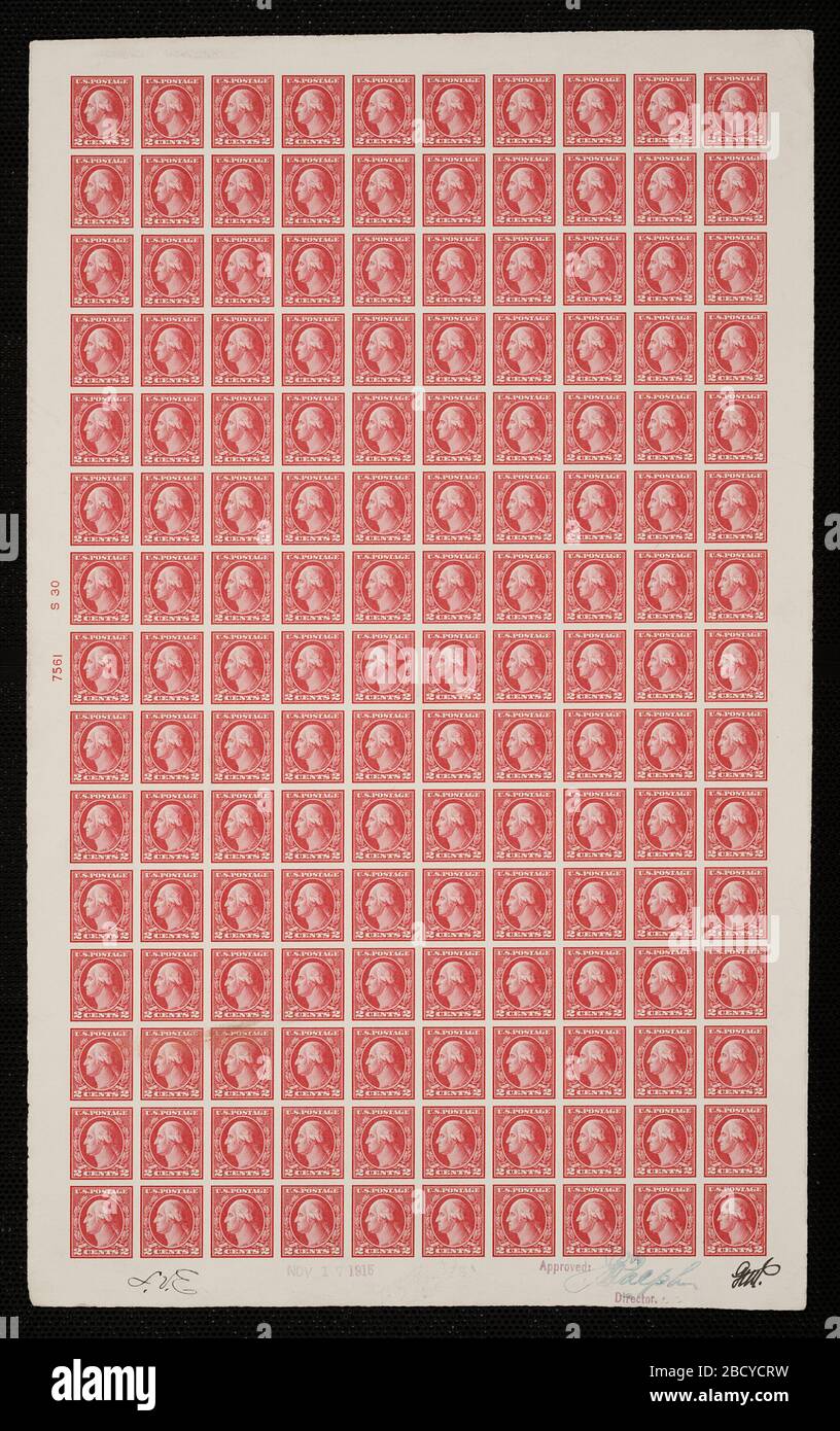 2c Washington Plattennachweis. Zertifizierte Plattennachweise sind der letzte gedruckte Nachweis der Platte, bevor die Stempel beim Büro für Gravur und Druck gedruckt werden. Diese Platten-Proofs sind jeweils eindeutig, mit den Genehmigungsunterschriften und dem Datum. 2c Washington Plattennachweis Stockfoto