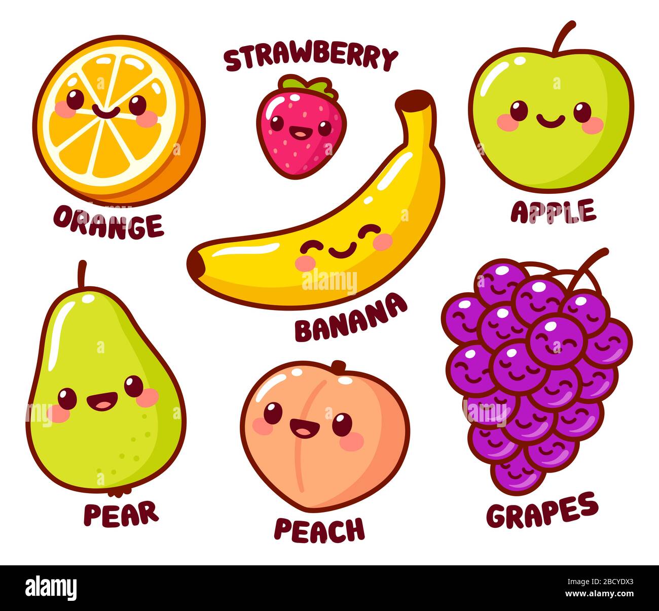 Süße Cartoon-Früchte mit lustigen Kawaii-Gesichtern. Orange und Banane, apfel und Birne, Pfirsich, Trauben und Erdbeere. Isoliertes Vektorgrafik-Set. Stock Vektor