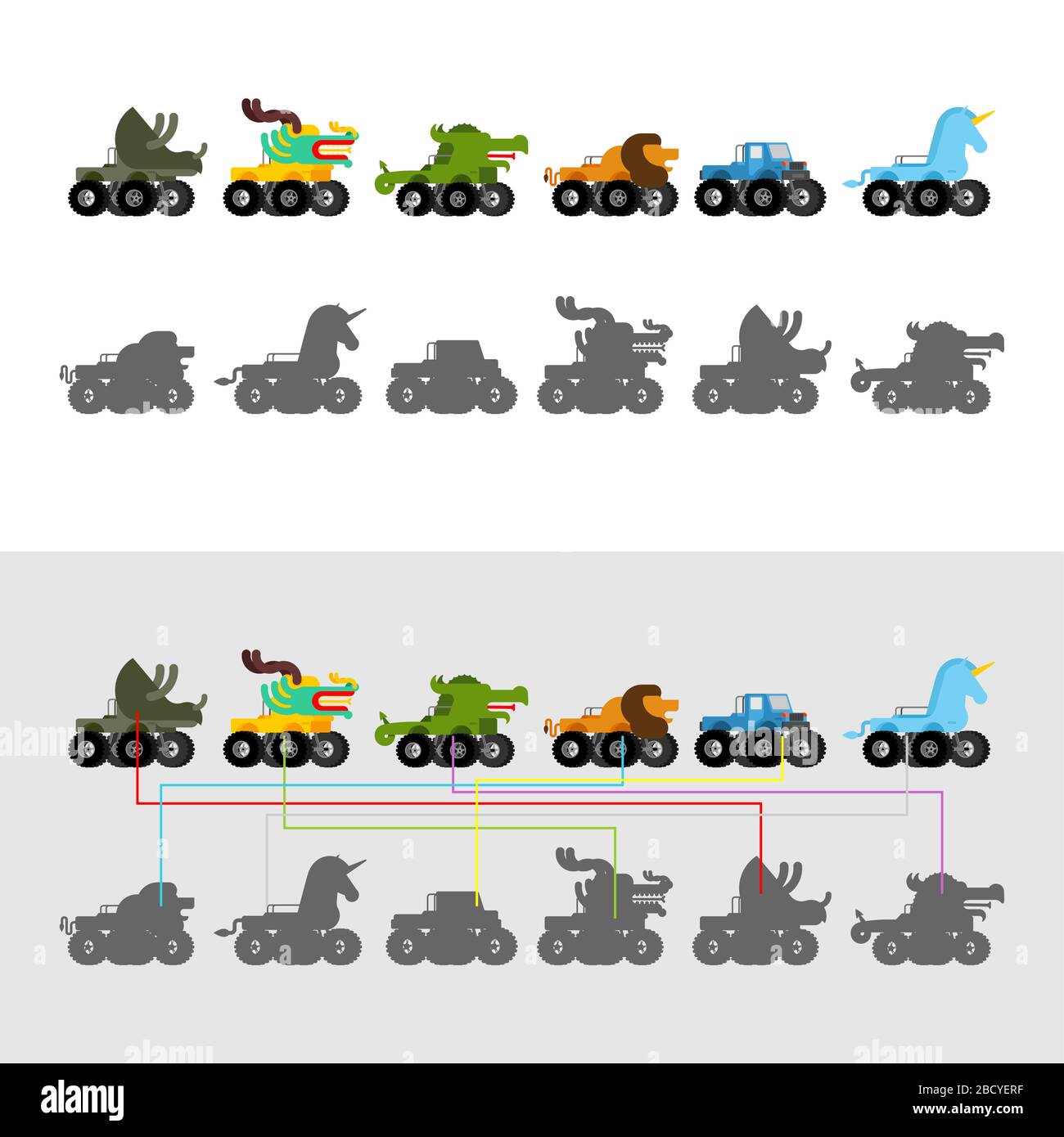Finden Sie den richtigen Schatten. Monster Truck Animal. Cartoon Auto auf großen Rädern, Kinder Spiel Vektor Illustration Stock Vektor