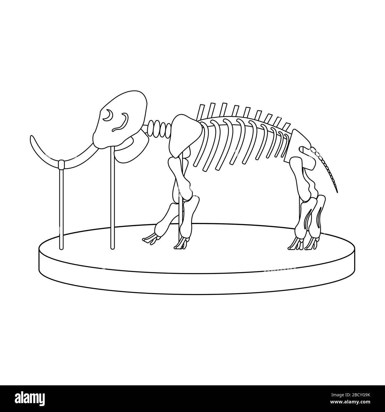 Cartoon-Skelett von Mammut über Paläontologie im Museum für Vorgeschichte. Weißer Hintergrund isolierte Umrisse Stock Vector Illustration Stock Vektor