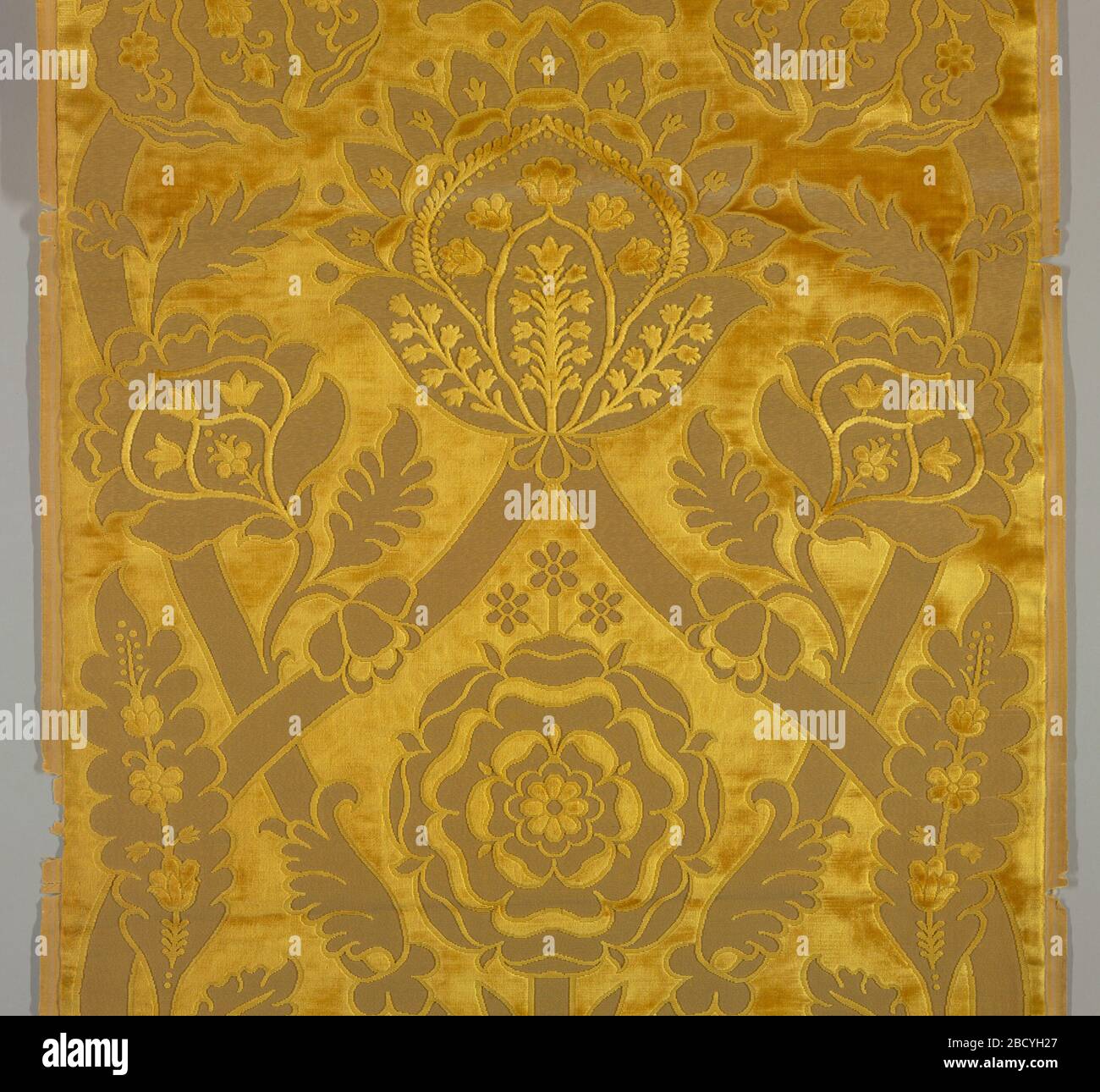 Fragment. Forschung im ProgressDesign von Krone, großen Blumen- und Tudor-Rose sowie kurvigen Trägern. Goldfarbe. Als Muster mit Kopfzeile oben und unten gewebt. Fragment Stockfoto