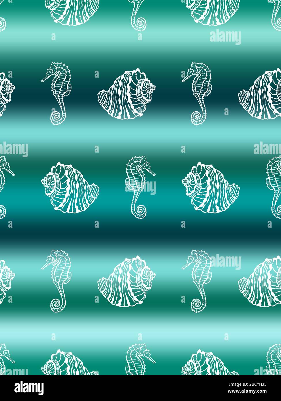 Vektor-Darstellung des marinen nahtlosen Musters.Weiße Hand zeichnet Seepferdchen und Meeresschalen auf abstraktem Meereswellenhintergrund Stock Vektor
