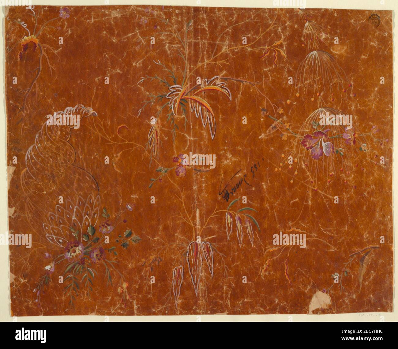 Design für ein gewebtes Material. Die Forschung in ProgressBoughs verbindet sechs fantastische Blumenmotive, die in zwei horizontalen Reihen entsorgt werden. Ein Blumenstrauß wächst aus einer großen Schale unten links. Design für ein gewebtes Material Stockfoto