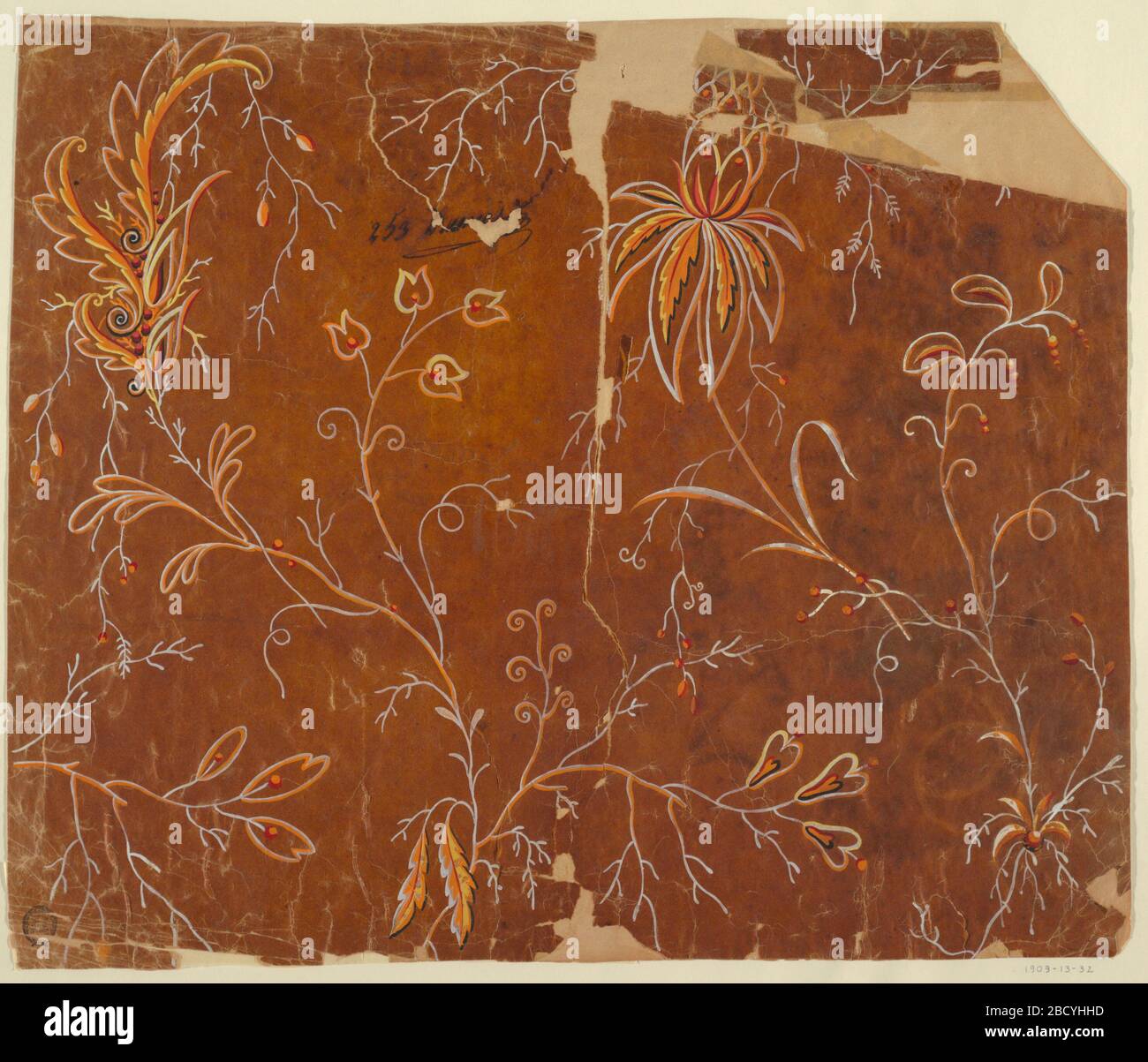 Design für ein gewebtes Material. Die Forschung in ProgressBoughs mit Blättern, Samen und vielen Klavikeln wechselt mit Stielen mit Samen und einer großen fantastischen Blüte, bilden eine vertikal undulierte Reihe, die sich mit einer anderen aus sich abwechselnden fantasievollen Pflanzen und Boughs mit Blättern und Ananas zusammensetzt. Design für ein gewebtes Material Stockfoto