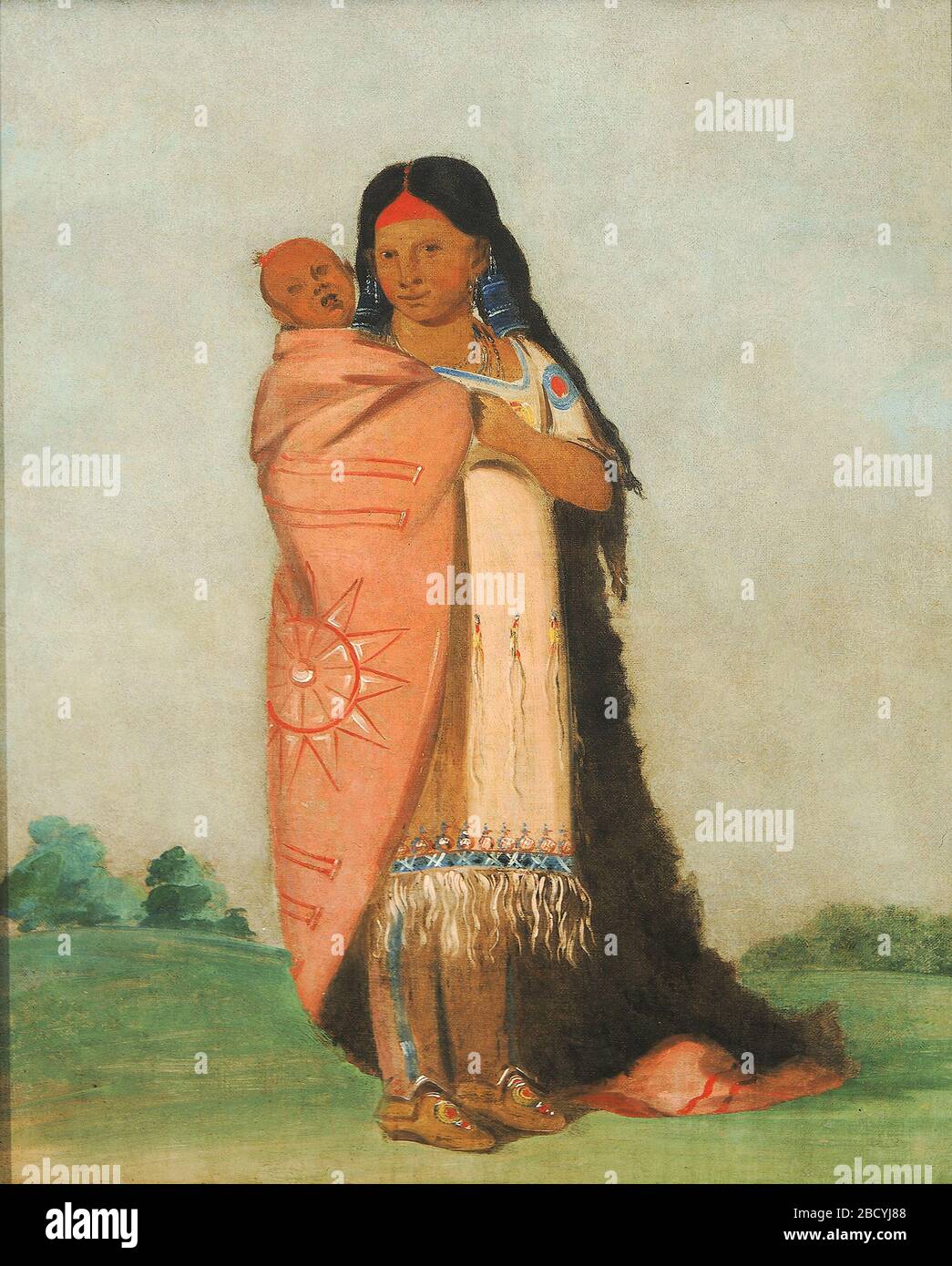 Tseemont großes Wunder, ihr Baby in ihrer Robe zu tragen. George Catlin beschrieb sein Bild einer Frau von Plains Cree und ihres Babys als ein "Porträt voller Länge.. Es zeigt ziemlich die Mode, die Kleider der Weibchen in diesem Stamm zu schneiden und zu ornamentieren." Er malte dieses Porträt in Fort Union im oberen Mittleren Westen im Jahr 1832. Stockfoto