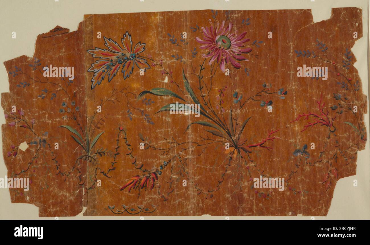 Design für einen gewebten horizontalen Rand. Die Forschung in ProgressA Big Flower Plant soll sich alternativ mit zwei kleineren Blumenpflanzen und mit einem Korallenwachstum und einer Pflanze abwechseln. Die Motive sind untereinander durch Festoons verbunden. Design für einen gewebten horizontalen Rand Stockfoto