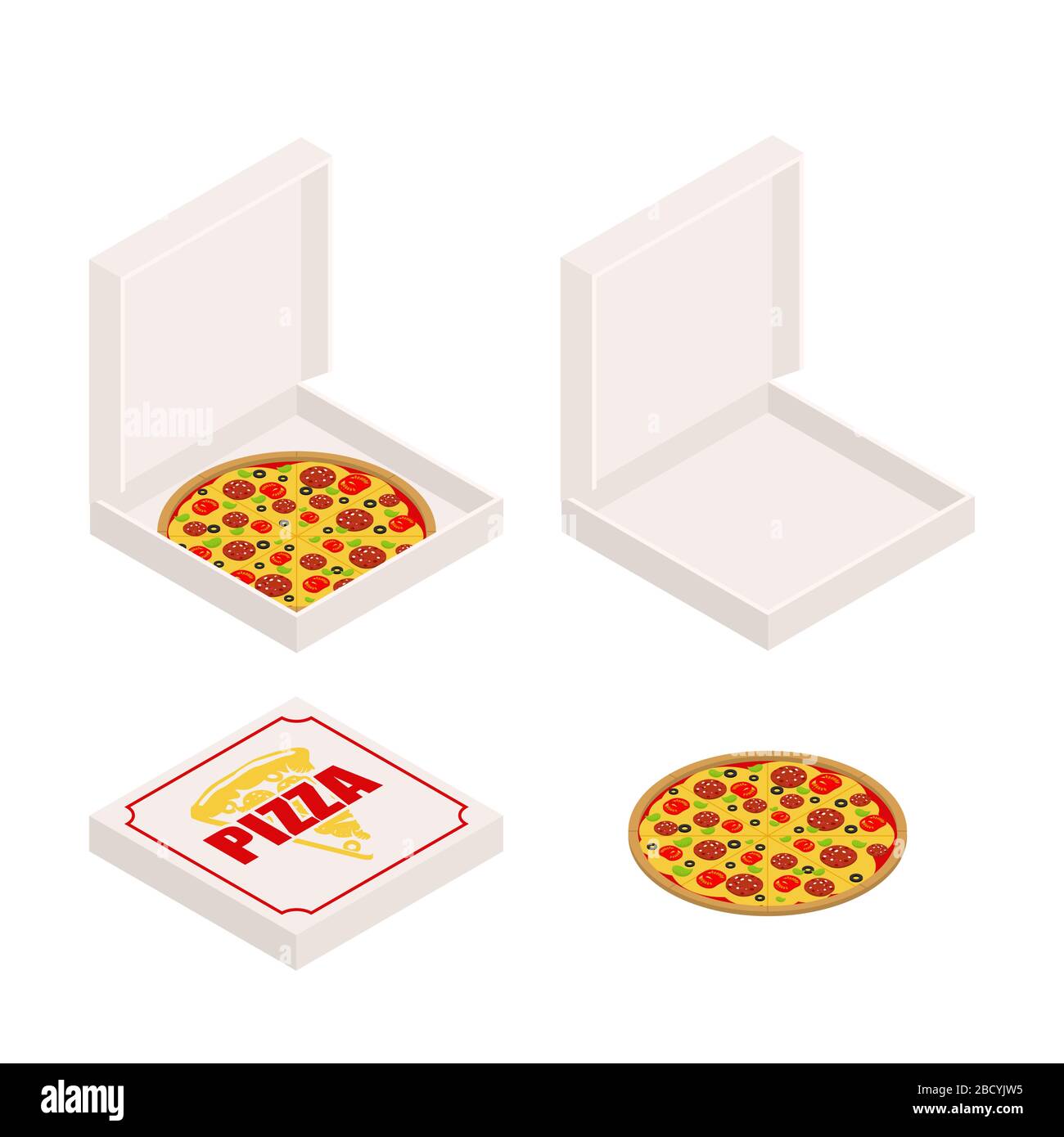 Pizza und Schachtel. Kasten geschlossen und geöffnet. Fast Food Vector Illustration Stock Vektor