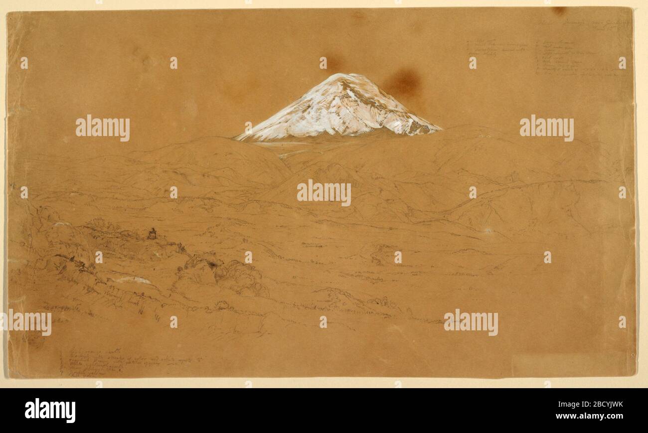 Blick auf den schneebedeckten Berg Chimborazo in der Nähe von Guanojo und Guaranda Ecuador. Forschung in ProgressHorizontal Blick auf Tal, Ausläufer und Grate, die sich nach links ausdehnen, während der schneebedeckte Gipfel im zentralen Hintergrund steigt. Blick auf den schneebedeckten Berg Chimborazo in der Nähe von Guanojo und Guaranda Ecuador Stockfoto