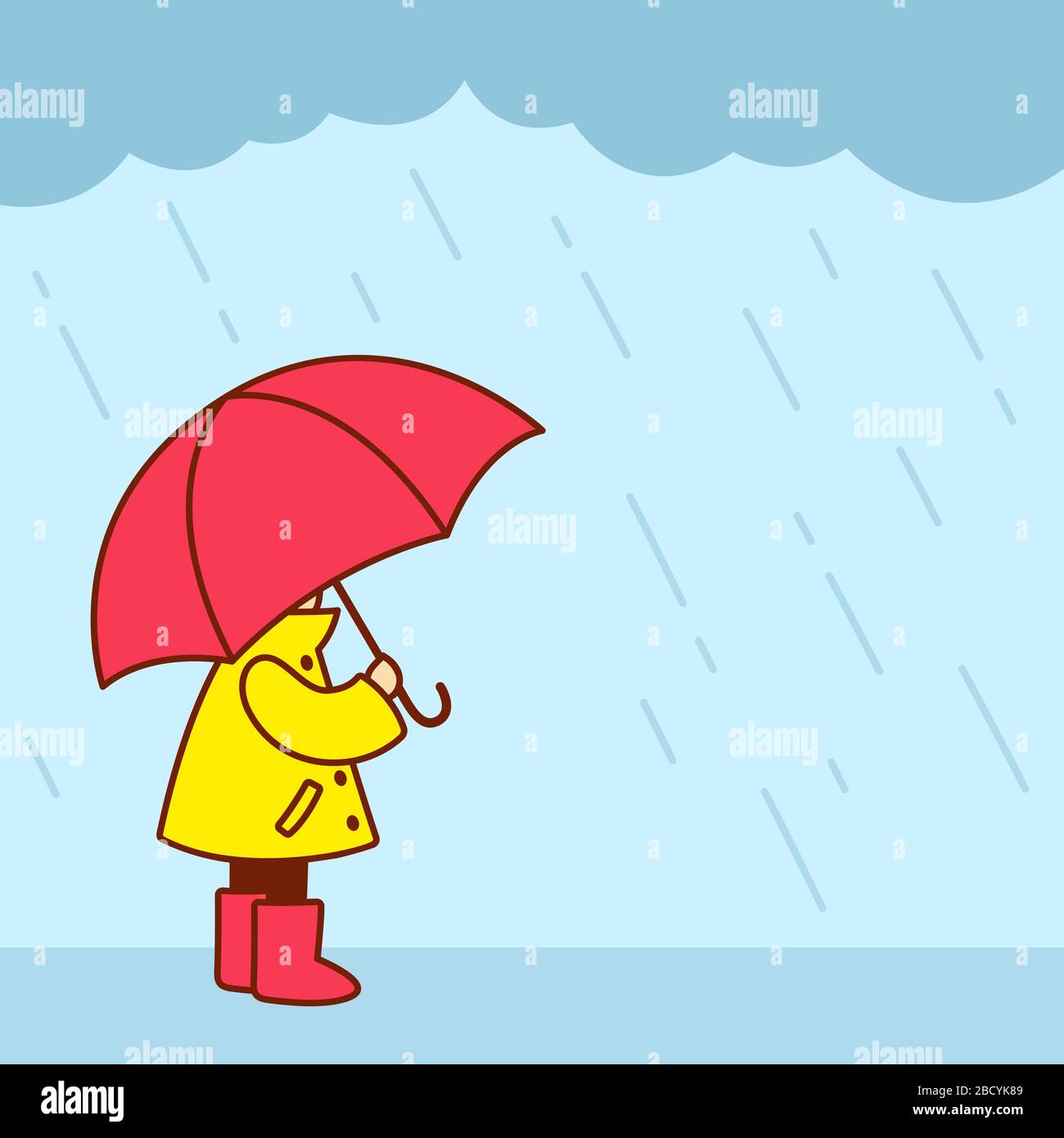 Kleines Kind in gelbem Regenmantel mit Regenstiefeln und Regenschirm, das unter Regen steht. Niedliche und einfache Cartoon-Vektorgrafiken. Stock Vektor