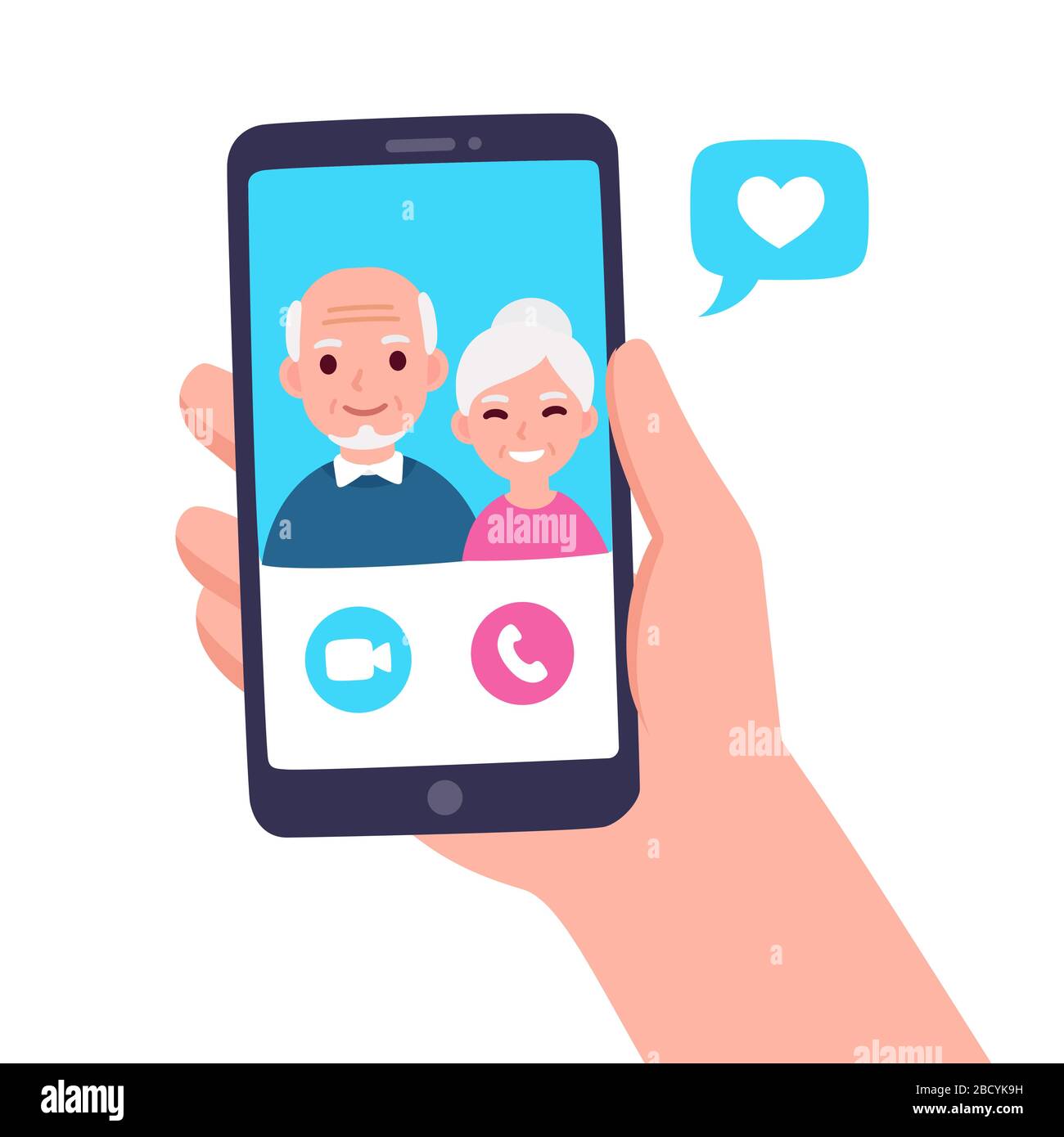 Videoanruf bei Großeltern oder älteren Eltern. Halten Sie das Smartphone mit älteren Paaren auf dem Bildschirm in der Hand. Einfache und niedliche Vektor-Illustration im flachen Cartoon Stock Vektor