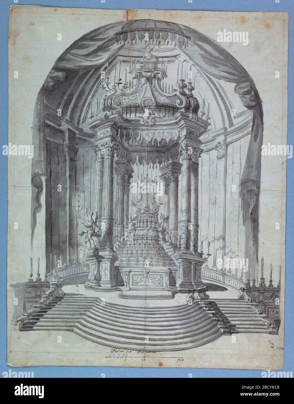 Design für die Ausstellung des Gastgebers. Forschung in ProgressVertical Rectangle. Elf Stufen führen zur Apse. Alternativ wird vorgeschlagen, sie mit drei separaten Flügen zu teilen. In der Apse steht ein großes Baldachin mit dem darüber befindlichen Osterlamm. Design für die Ausstellung des Gastgebers Stockfoto