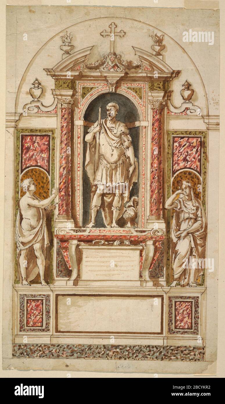 Projekt für ein Sepulkraldenkmal. Forschung in ProgressVertical Rectangle. Schema neu tabellbar. Unten sind ein Sockel und ein Dado. Darunter in der Mitte des oberen Teils steht ein Sarkophag mit der Tablette für die Aufschrift zwischen seinen Beinen. Darüber befindet sich eine Nische mit durchbrochenem Pediment, die von eingelassenen Säulen flankiert wird. Projekt für ein Sepulkraldenkmal Stockfoto