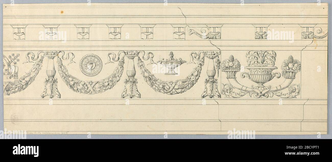 Design für ein Frieze. Forschung im ProgressHorizontal Rechteck, das eine Entablatur mit Konsolen unterhalb des Kornets zeigt. Im Fries werden Festoons von Kandelaber getragen. Über ihnen eine Terrine und ein Rundel mit flammendem Herz in der Mitte. Links eine halb gezeichnete Mitra-, Buch- und erzerzerzbischöfliche Kreuzstange. Design für ein Frieze Stockfoto Design für ein Frieze. Forschung im ProgressHorizontal Rechteck, das eine Entablatur mit Konsolen unterhalb des Kornets zeigt. Im Fries werden Festoons von Kandelaber getragen. Über ihnen eine Terrine und ein Rundel mit flammendem Herz in der Mitte. Links eine halb gezeichnete Mitra-, Buch- und erzerzerzbischöfliche Kreuzstange. Design für ein Frieze Stockfoto