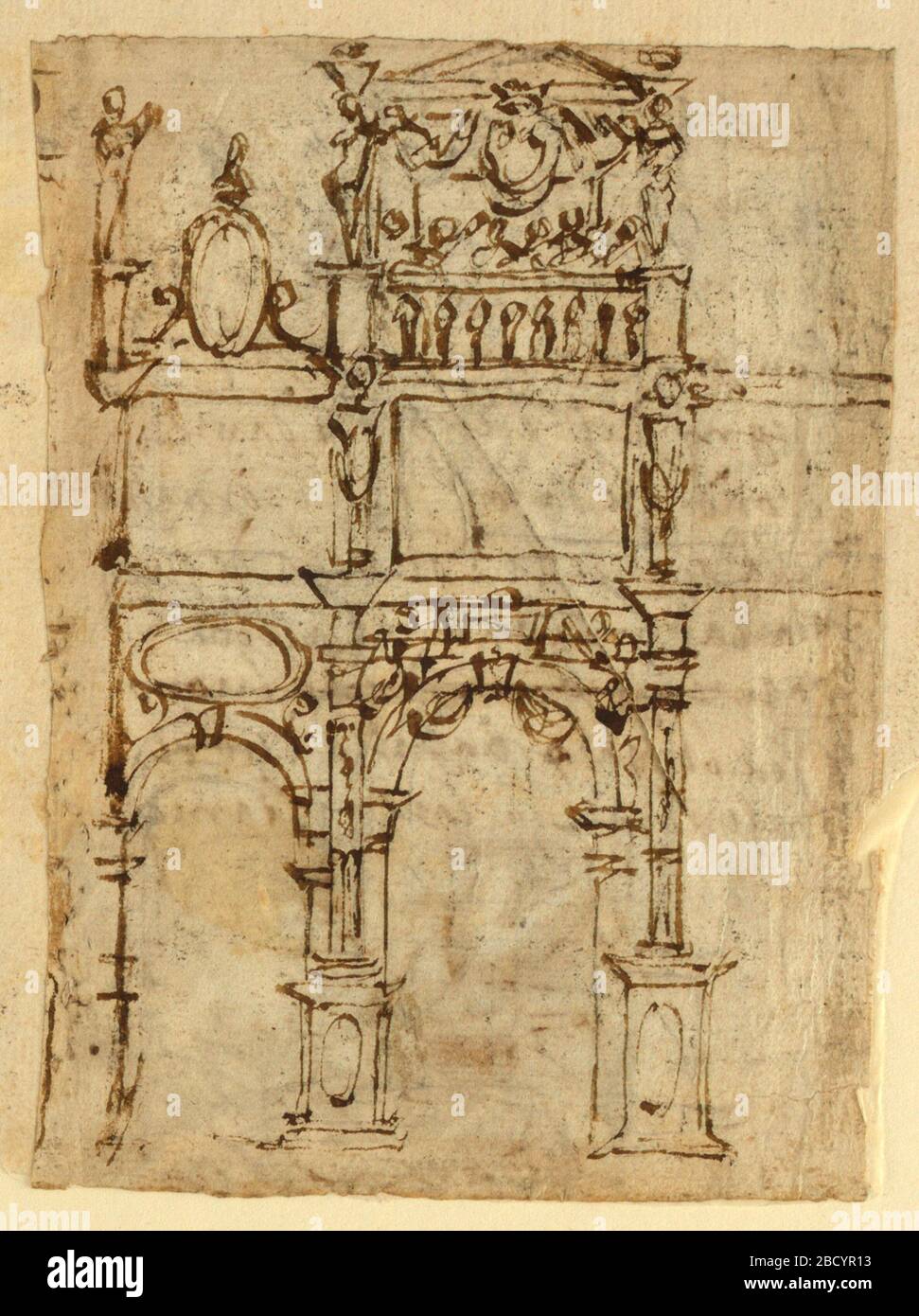 Rekto-Triumphbogen möglicherweise für den Einzug von Ferdinand I. de Medici in Pisa im Jahre 1588 Verso Judith mit dem Leiter der Holofernes-Aufschrift über den im Dezember 1587 unterzeichneten Vertrag zur Herstellung von 26 Illustrationen für Dantes Inferno im Auftrag von Luigi Alamanni. Forschung in ProgressRecto: Höhe der Wand oder des Gateways, in zwei Schächten dargestellt. Bogenöffnungen im unteren Geschoss mit einem breiten Fries über mittig von einem Balkon oder einer Musikergalerie überragt. Verso: Elf Handschriftzeilen und eine Zeichnung von Judith, die den Kopf von Holfernes hält. Rekto-Triumphbogen möglicherweise für den Eintrag o Stockfoto
