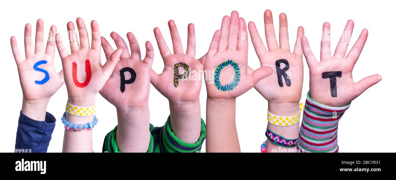 Children Hands Building Word Support, Isolierter Hintergrund Stockfoto