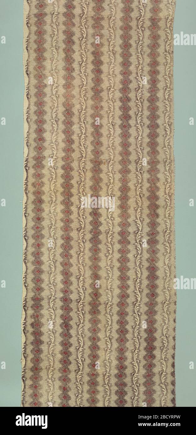 Textil. Forschung in ProgressVertical Stripes of Flowers auf einem Hintergrund horizontaler Linien. In Rot und Schwarz (und bleibt von einem sehr verblassten Blau). Ausrichtungsmarkierungen sichtbar. Textil Stockfoto