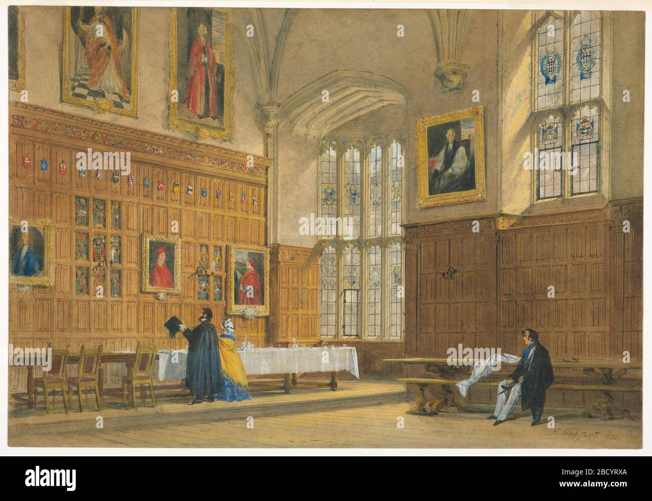 Blick auf die Esshalle im Magdalen College Oxford. Forschung in ProgressDer Speisesaal des Magdalen College ist mit langen Tischen, Stühlen und Bänken ausgestattet. Ein Tisch ist für eine Mahlzeit mit einem weißen Leinentuch, einer Brille und Utensilien eingerichtet. Blick auf die Esshalle im Magdalen College Oxford Stockfoto