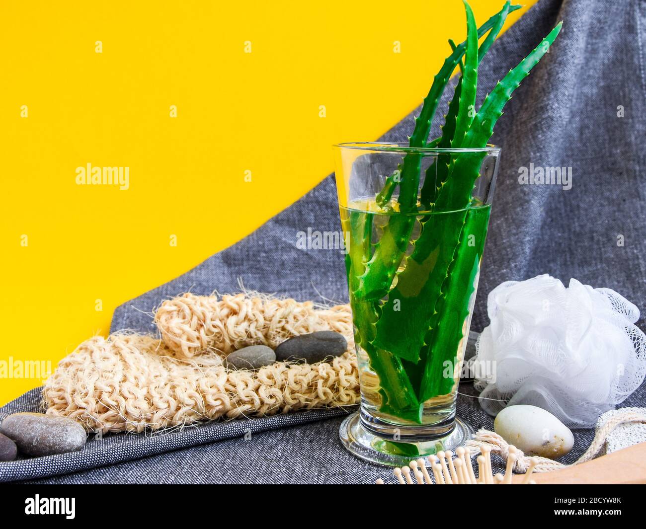 Ein Glas gesundes Aloe Vera Getrnk, Sommer erfrischenden Cocktail, frische Aloe  Vera Stngel Scheiben, handgemachte Kamm, Pinsel Spa ko-Set-Kit  Stockfotografie - Alamy