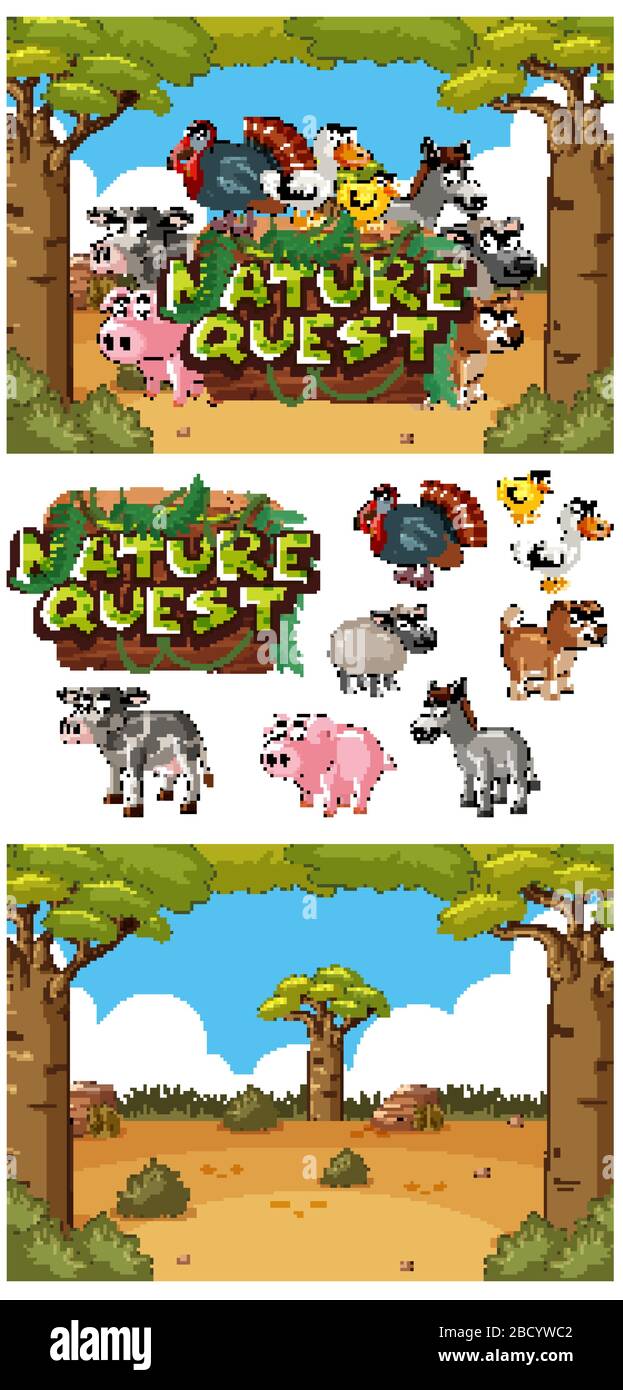 Hintergrunddesign mit Zeichen Natur Quest in der Feldabbildung Stock Vektor