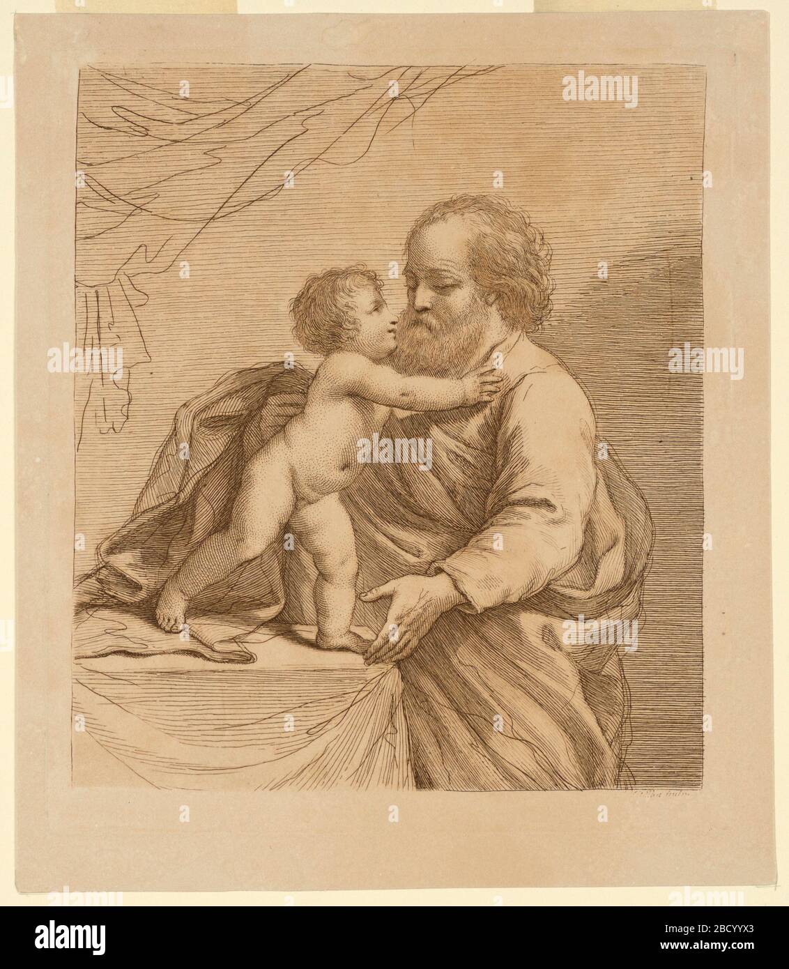 Der heilige Josef und der Heiland der Kleinkinder. Forschung in ProgressSt. Josef steht rechts vom Tisch, mit seinen Armen schützend für das Christuskind, das auf dem Tisch steht und sich mit seinen Händen auf der Brust des heiligen Josef stützt. Der heilige Josef und der Heiland der Kleinkinder Stockfoto