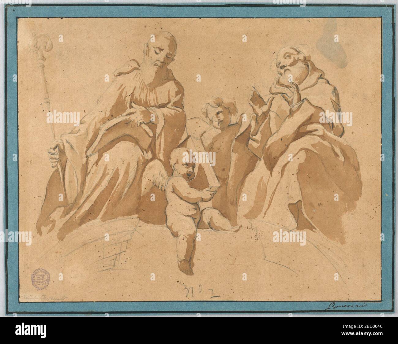 Skizze für eine Wand, an der zwei heilige Mönch festgehalten werden. Forschung in ProgressHorizontalkomposition mit zwei Heiligen, die auf den Gesimsen eines zerbrochenen Stammes sitzen. Der linke Heilige liest ein Buch und hält einen Krozier. Der rechte Heilige hat seine Hand im Gebet erhoben. Skizze für eine Wand, an der zwei heilige Mönch festgehalten werden Stockfoto