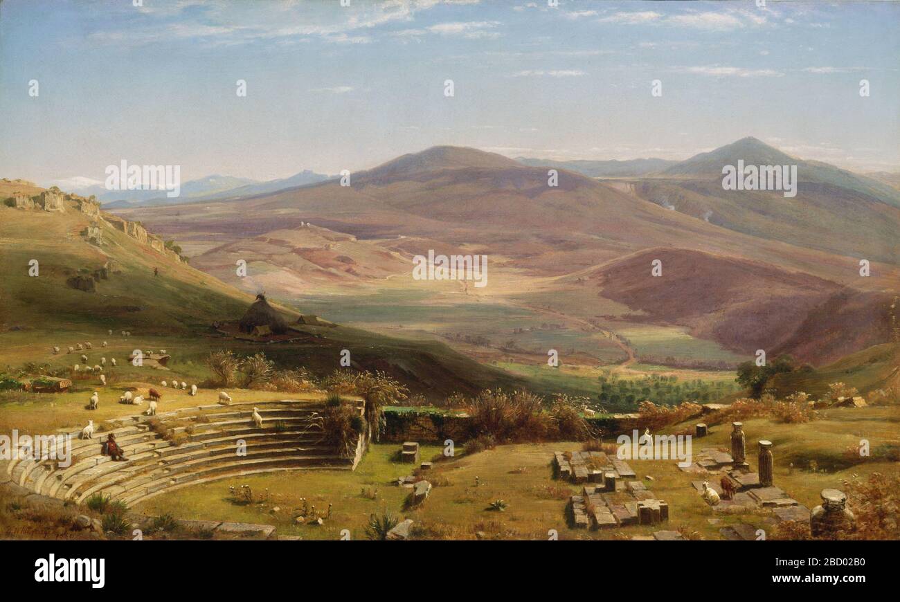 Das Amphitheater von Tusculum und Albano Mountains Rom. Worthington Whittredge gehörte zu vielen amerikanischen Künstlern, die im neunzehnten Jahrhundert nach Europa reisten. Die alte Kultur Italiens bot eine ergreifende Geschichte verblichener Herrlichkeit, die stark mit dem Aufstieg Amerikas zur wirtschaftlichen und politischen Macht kontrastierte. Stockfoto