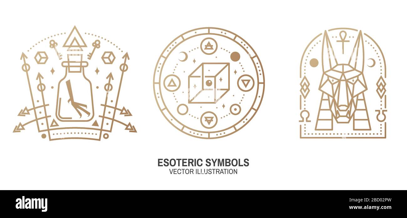 Esoterische Symbole. Vektor. Geometrische Plakette mit dünner Linie. Gliederungssymbol für Alchemie, heilige Geometrie. Mystisches, magisches Design mit Chemiekolben mit Krähenfuß, ägyptischer gott Anubis, unechter geometrischer Würfel Stock Vektor