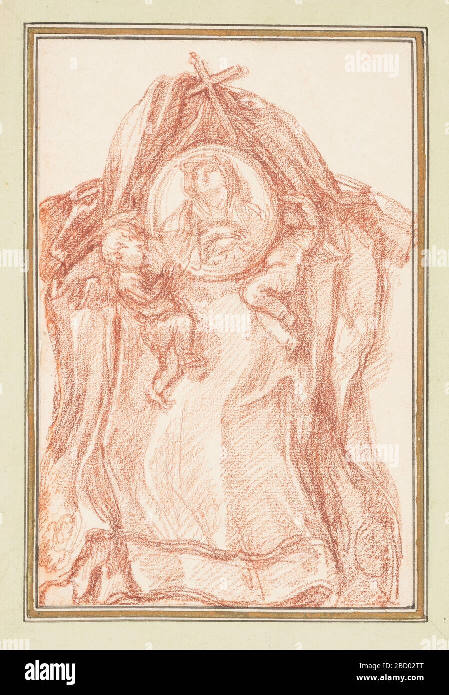 Denkmal für Schwester Maria Raggi in S Maria sopra Minerva. Recherchen in ProgressDrawing nach Gian Lorenzo Berninis Denkmal für Schwester Maria Raggi in S. Maria sopra Minerva. Das Zentrum ist aus Marmor geschnitzt und sieht aus wie eine Draperie. Putti nahe oben scheint ein großes Medaillon mit einem Porträt der Schwester Maria Raggi zu stützen. Oben ist ein Kreuz. Denkmal für Schwester Maria Raggi in S Maria sopra Minerva Stockfoto