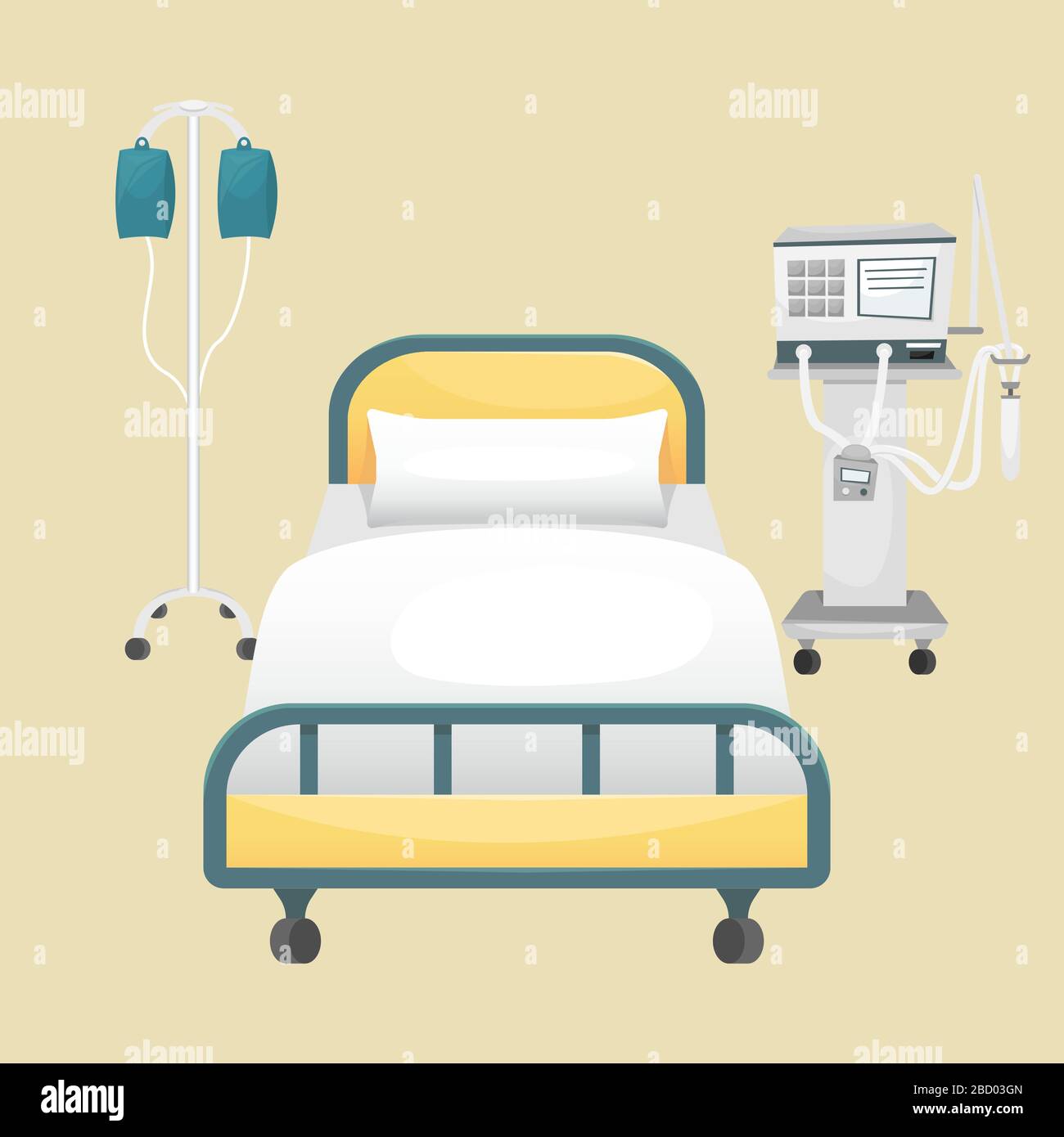Ein Krankenhauszimmer mit Bett, Tropfen und Ventilator. Bekämpfung von Coronavirus in Krankenhäusern. Stock Vektor