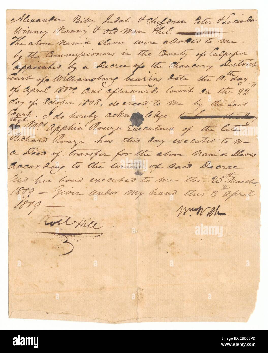 Überführungsurkunde von versklavten Personen aus dem Nachlass von Richard Rouzee. Dieses Dokument stammt aus einer Sammlung von Finanzpapieren, die sich auf die Plantagengeschäfte mehrerer Generationen der Familie Rouzee in Essex County, Virginia beziehen. Überführungsurkunde von versklavten Personen aus dem Nachlass von Richard Rouzee Stockfoto