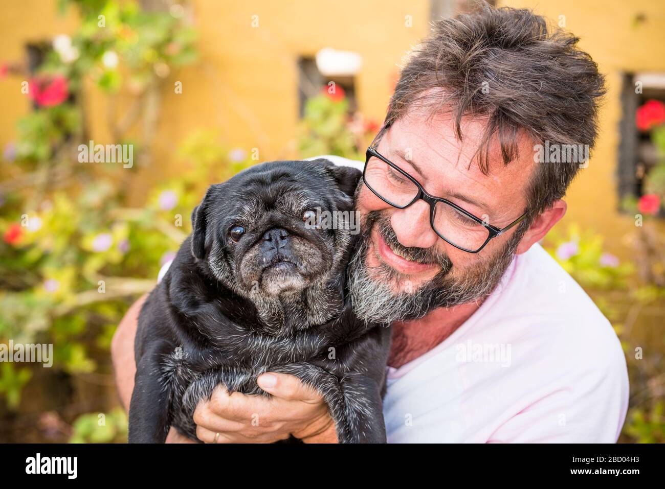 Im Freien schönes Porträt eines erwachsenen kaukasischen Mannes mit schwarzem Bart und gleicher Farbe alter lustiger Hundepug - Garten im Hintergrund und bestes Freundschafts-Liebeskonzept Stockfoto