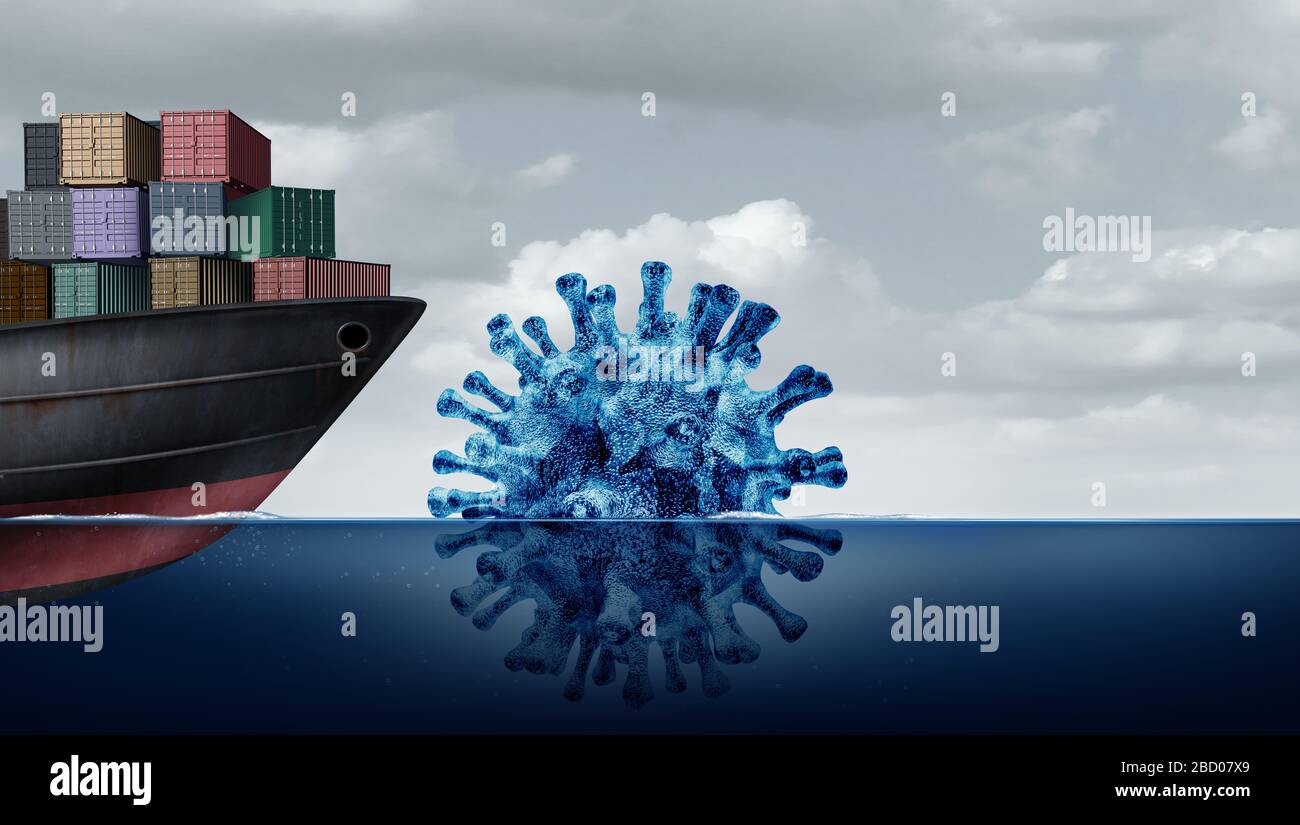 Risiko von Schiffskrankheiten und Frachtlogistik, die sich mit dem Coronavirus oder der Influenza als Frachtschiff beschäftigt, das als Geschäftsimport einem gefährlichen Eisberg gegenübersteht. Stockfoto