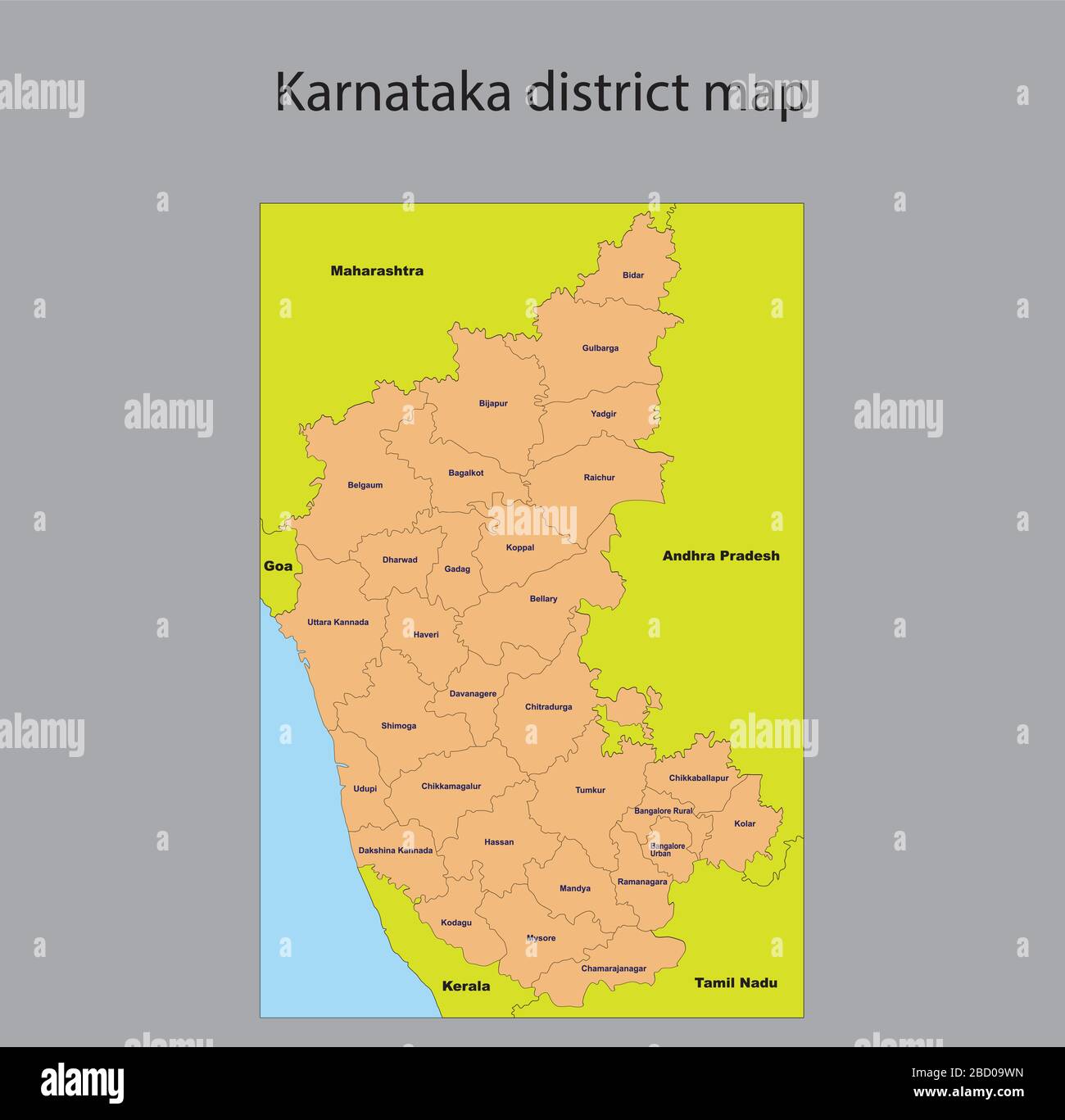 Beliebter Bezirk in Karnataka. Karnataka-Vektorkarte . Stock Vektor