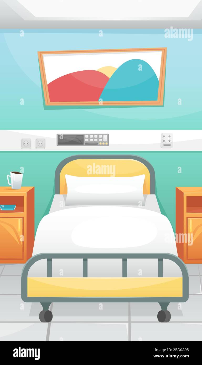 Krankenhauszimmer mit Bett und Nachttischen. Gemütliches Krankenhaus. Bekämpfung von Coronavirus in Krankenhäusern. Stock Vektor
