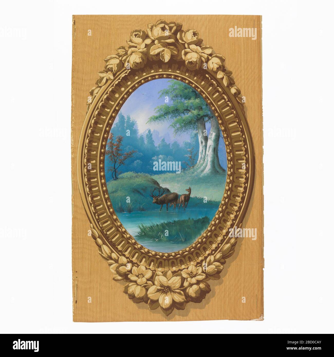Dekorative Blende. Forschung in ProgressVertical Rectangle. Simulation von aufwändig geschnitztem ovalem Holzrahmen, der durch simulierte Oberfläche der Maserung zum Rechteck gebracht wird. Im Rahmen eingeschlossen ist eine gemalte Darstellung von Blattwerk und zwei Rehen. Dekorative Blende Stockfoto