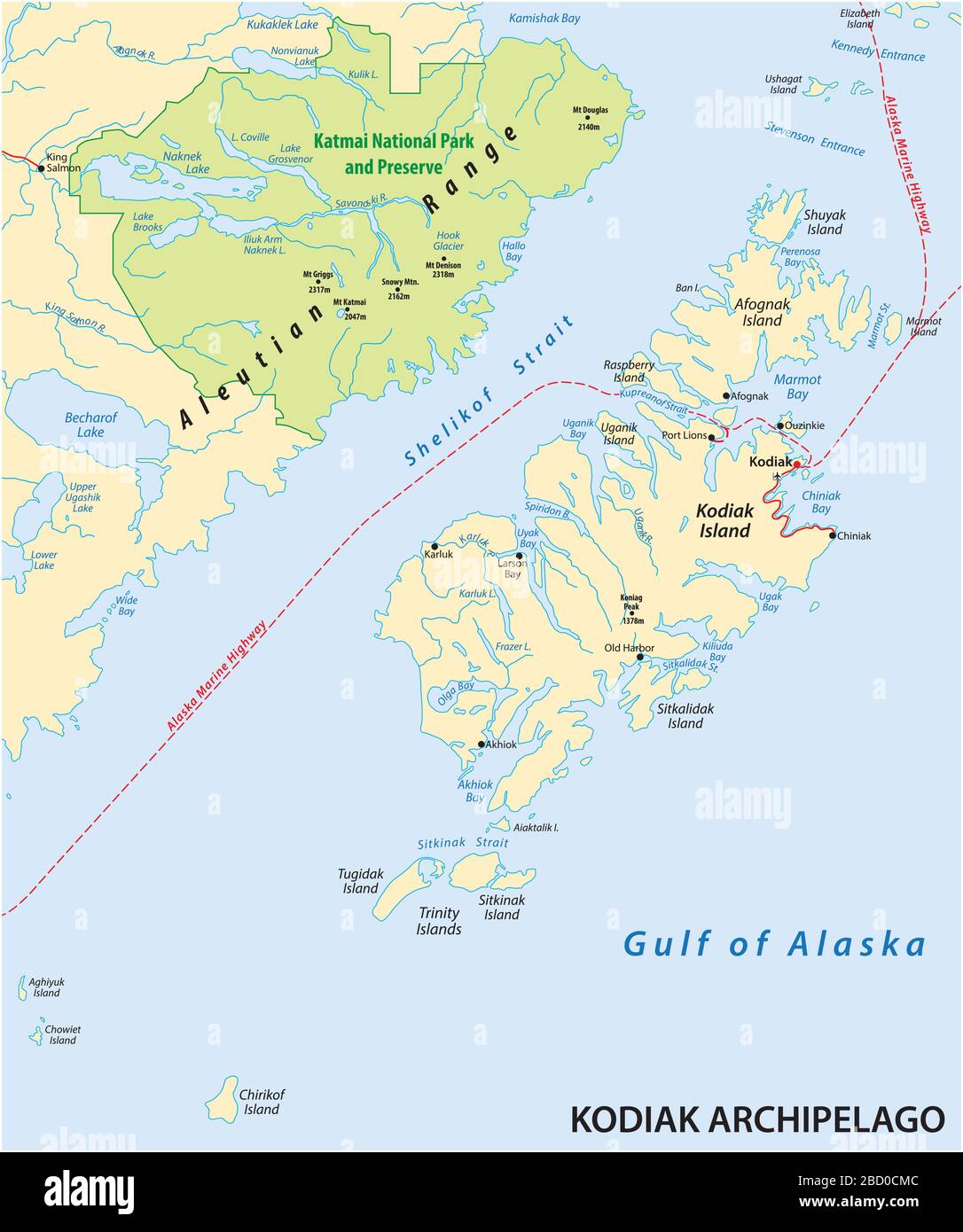 Vektorkarte des Kodiak-Archipels, der zum US-Bundesstaat Alaska gehört Stock Vektor