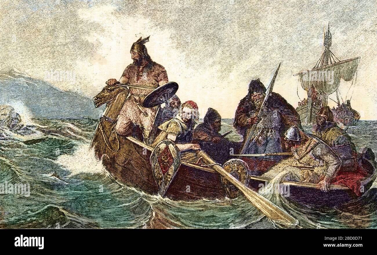 Colonization de l'Islande (874-930) : Wikinger norvegiens debarquant en Islande, parmi eux Ingolfur Arnarson, le fondateur de la Future Capitale Reykj Stockfoto
