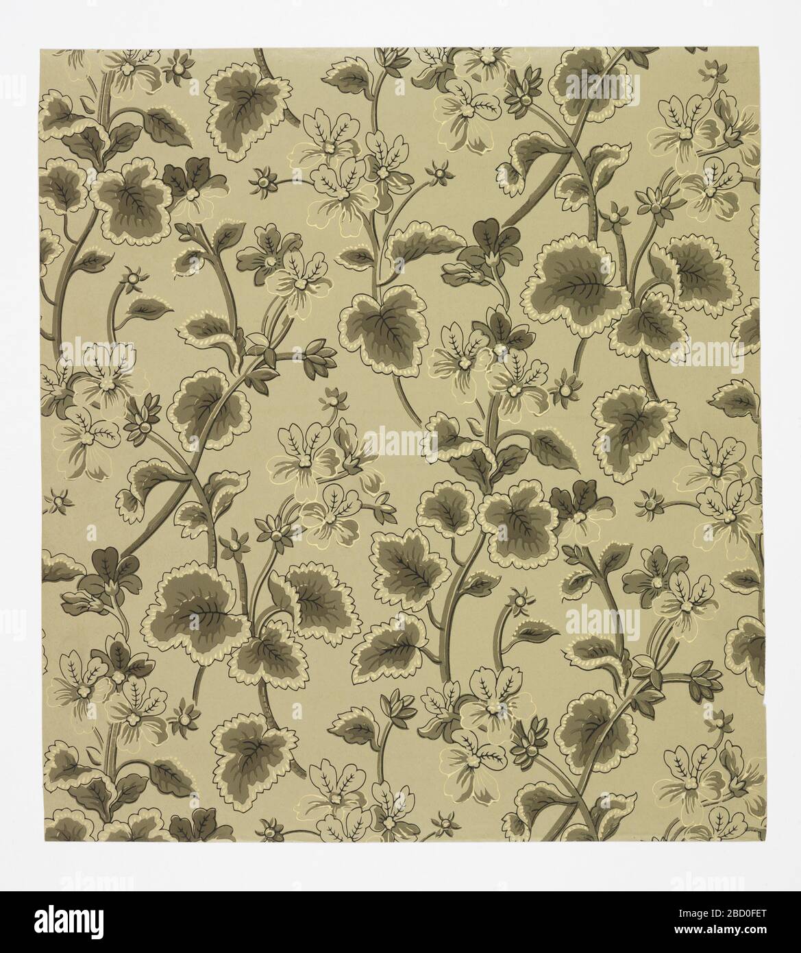 Seitenwand. Unregelmäßiges Muster von rebenartigen Stielen mit großen Blättern und fünfblättrigen Blumen; Wiederholung zweier unterschiedlicher vertikaler Motive, die übereinander in abgesetzten Säulen gedruckt wurden; Farbschema von Tans und Grautönen mit einer durchgehend leicht grünlichen Farbton; Blätter sind caladium-ähnlich mit dunkler cen-Seitenwand Stockfoto