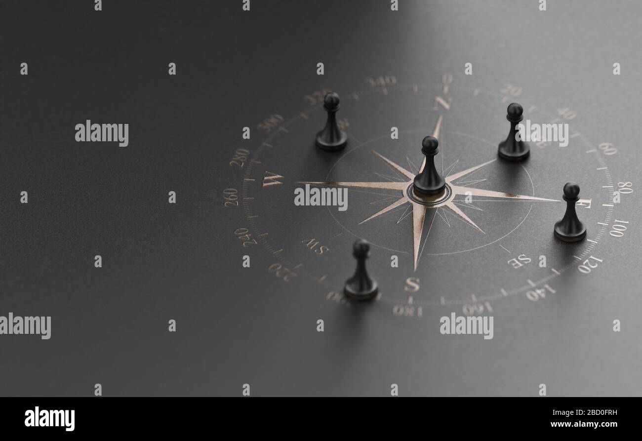 Der goldene Kompass stieg über schwarzem Hintergrund mit fünf Pfennern. Unternehmensberatung oder strategisches Marketingkonzept. 3D-Abbildung. Stockfoto