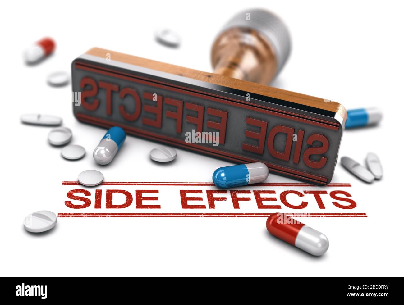 Gummistempel mit dem Wort Nebenwirkungen über weißem Hintergrund mit Pillen und Tabletten. Konzept der Risikoassessung von Medikamenten oder medizinischer Behandlung. 3D illu Stockfoto