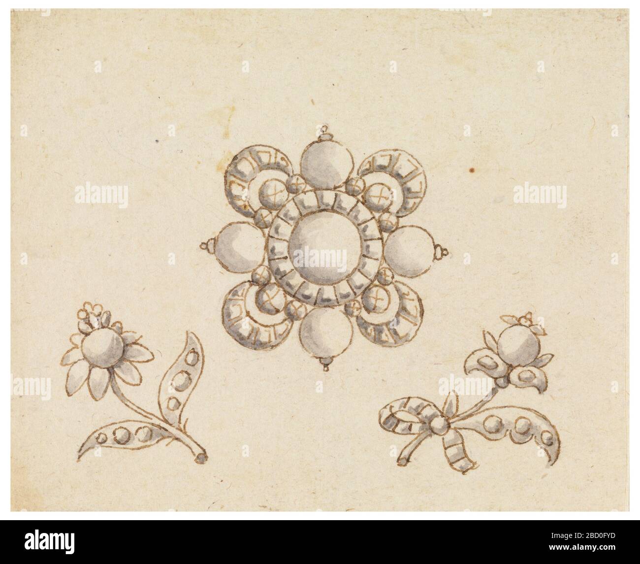 Design für drei Brooches. Forschung in ProgressLarge Brosche: Ein Kreuz wird von vier runden Diamanten gebildet, wobei der mittlere größer und von einem Kreis von Diamanten umrahmt ist, daraus entspringen Draper-Festoons, die von Diamanten gebildet werden. Design für drei Brooches Stockfoto