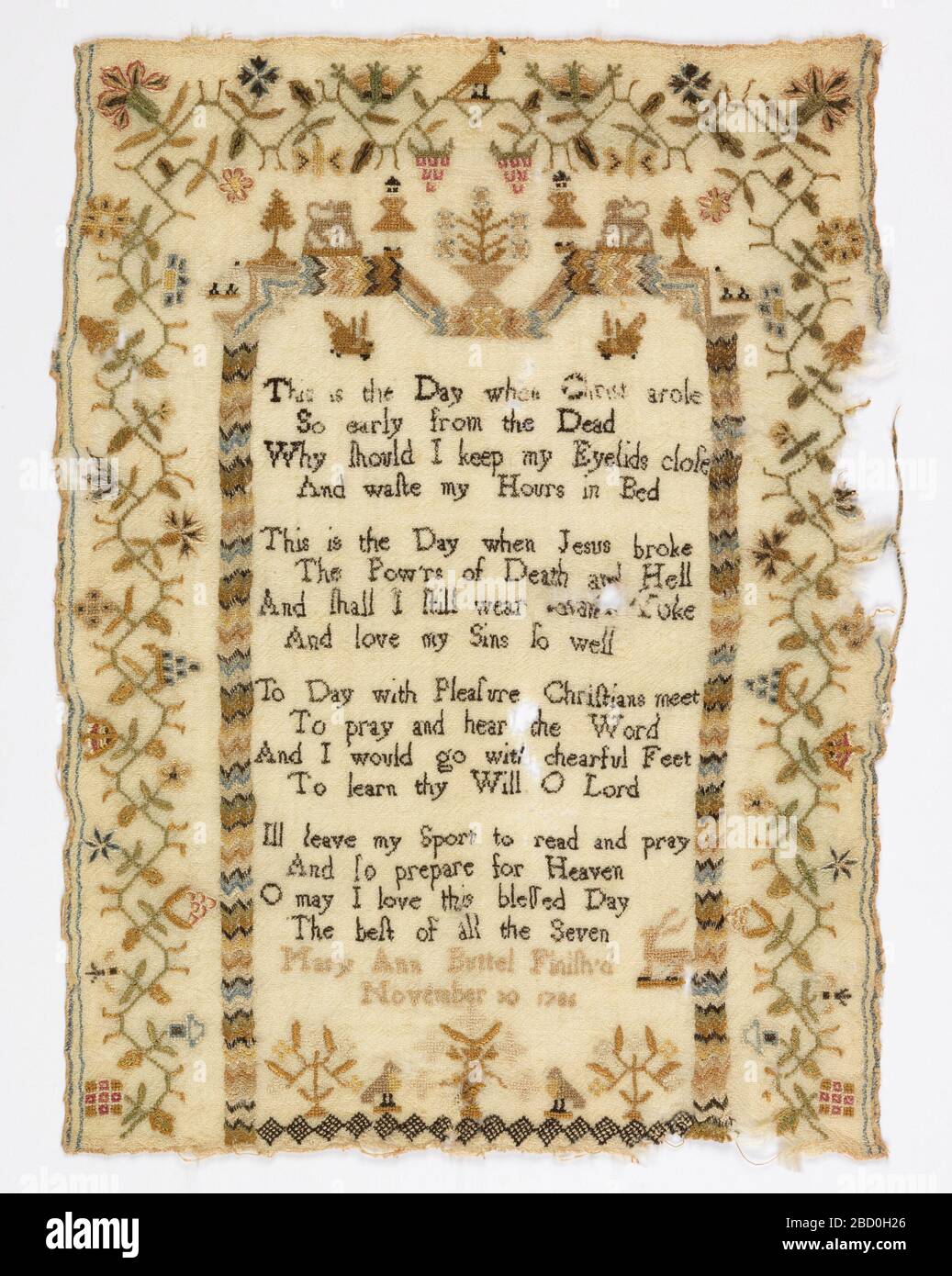 Sampler. Forschung in ProgressFloral Border auf drei Seiten. Sampler Stockfoto