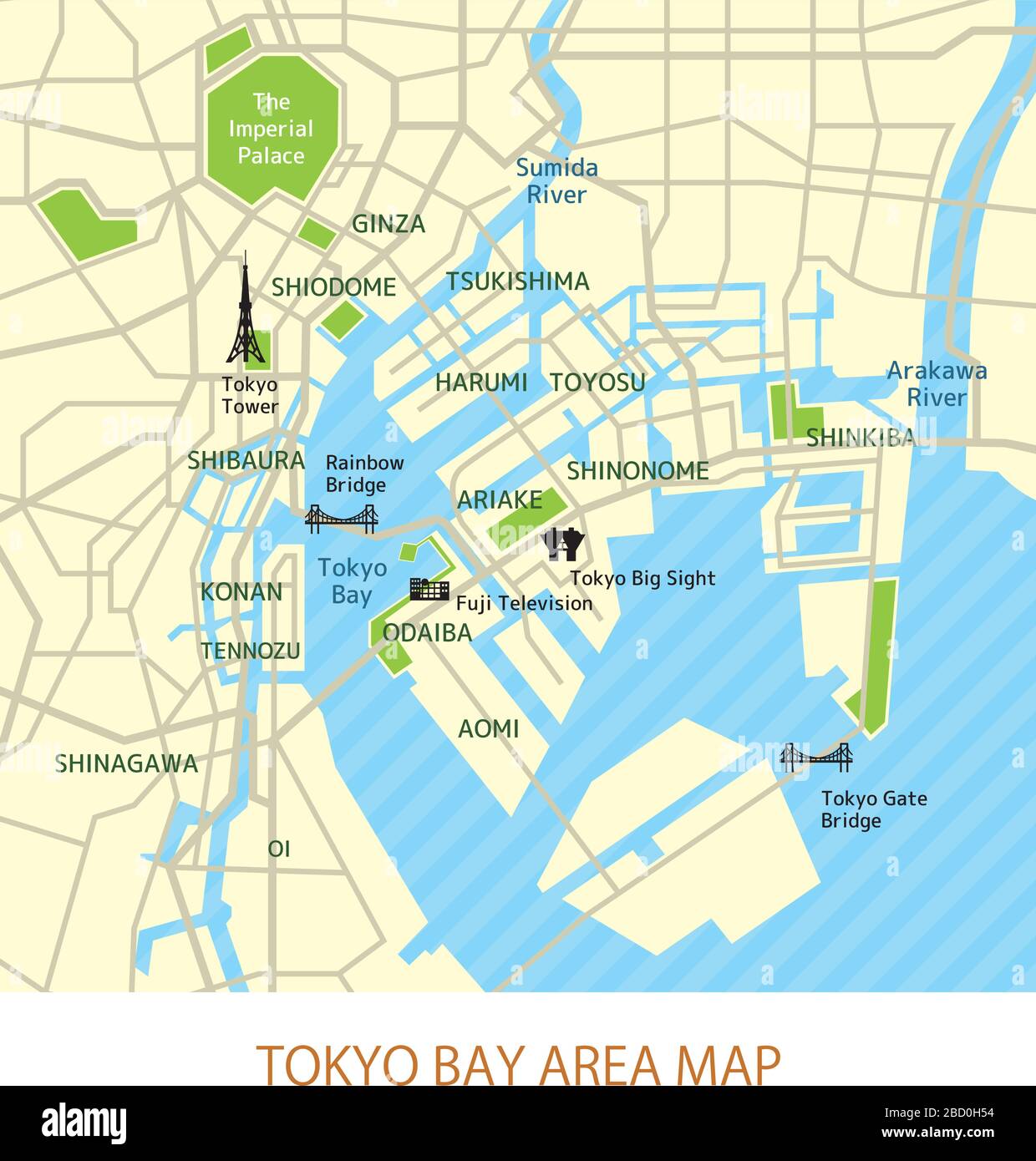 Stadtplan der Bucht von Tokio (mit Ortsnamen, Sehenswürdigkeiten) Stock Vektor