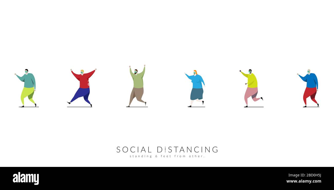Konzept der sozialen Distanzierung: Die Menschen halten sich für soziale Distanzierungen zwischen einander auf und vergrößern so den physischen Raum zwischen den Menschen, um eine Streicherhaltung zu vermeiden Stock Vektor