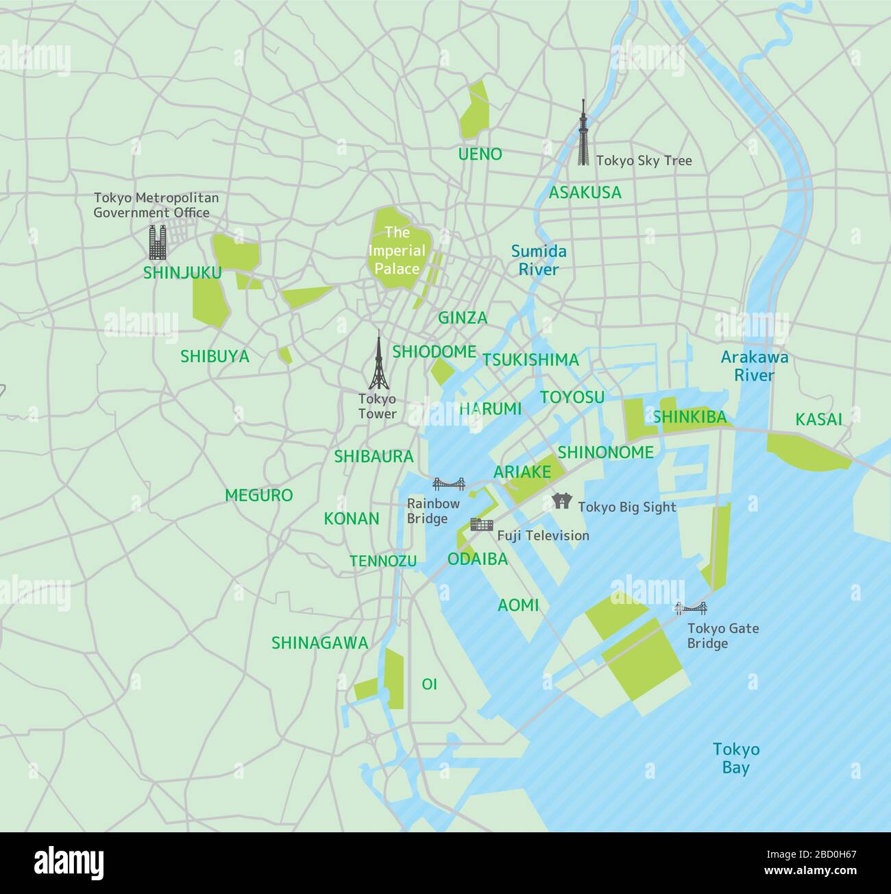 Stadtplan der Bucht von Tokio (mit Ortsnamen, Sehenswürdigkeiten) Stock Vektor