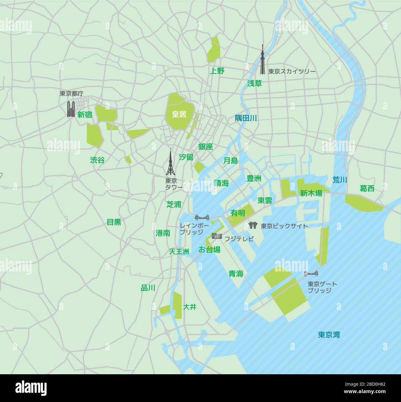 Stadtplan der Bucht von Tokio (mit Ortsnamen, Sehenswürdigkeiten) Stock Vektor