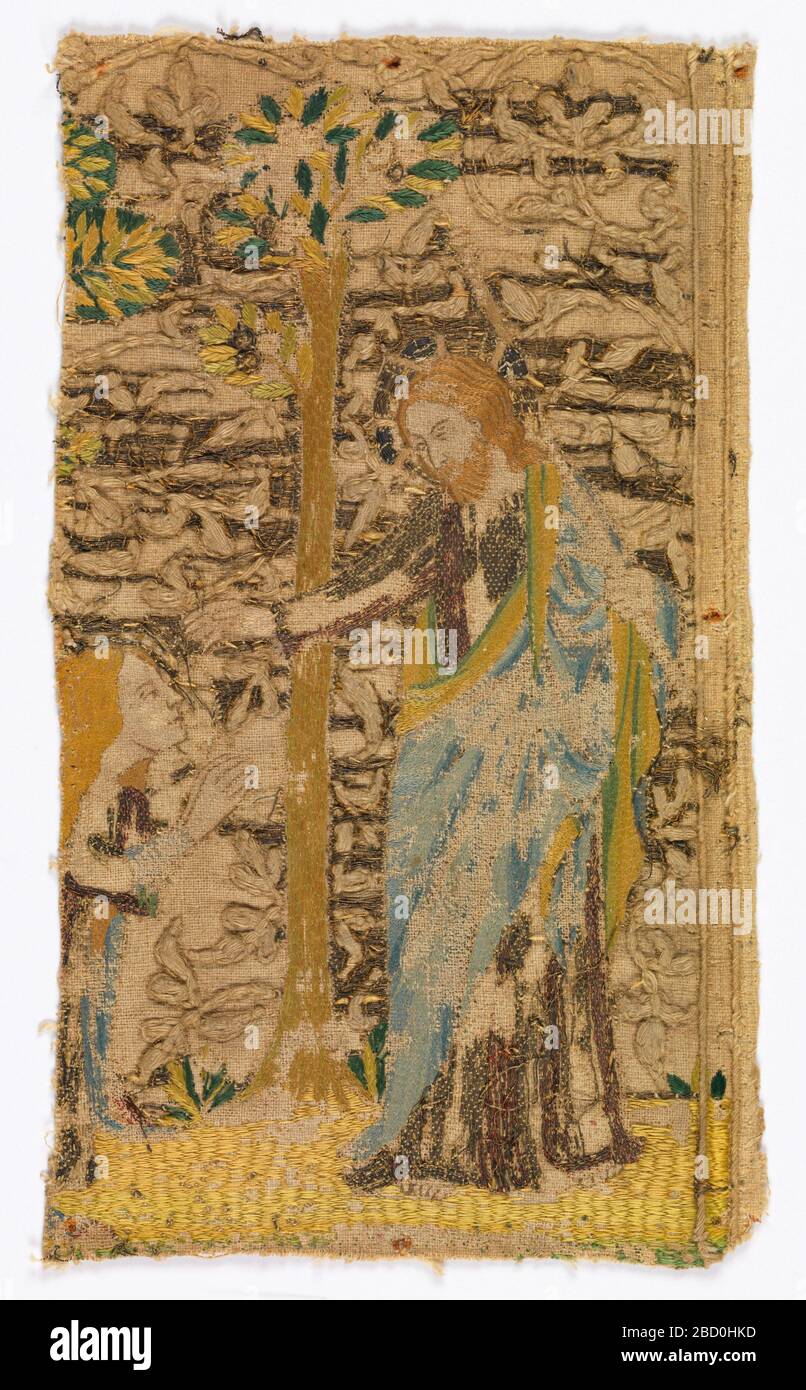 Fragment. Forschung im Bereich ProgressFragment einer bildhaften Stickerei, "Noli me Tangere". Christus, der Maria Magdalen im Garten erscheint. Vor einem Baum kniete Christus mit der Hand nach Magdalen, links gekniet. Fragment Stockfoto