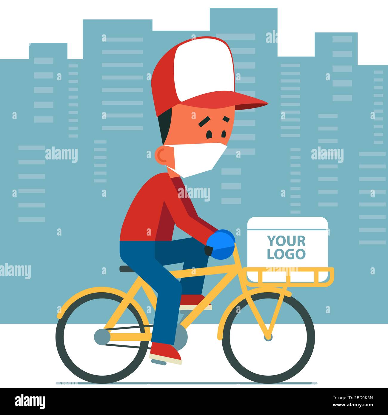 Kontaktloser, sicherer Lieferservice. Cartoon junger Mann mit Schutzmaske und Handschuhen auf einem Fahrrad mit Lieferbox. Stockfoto