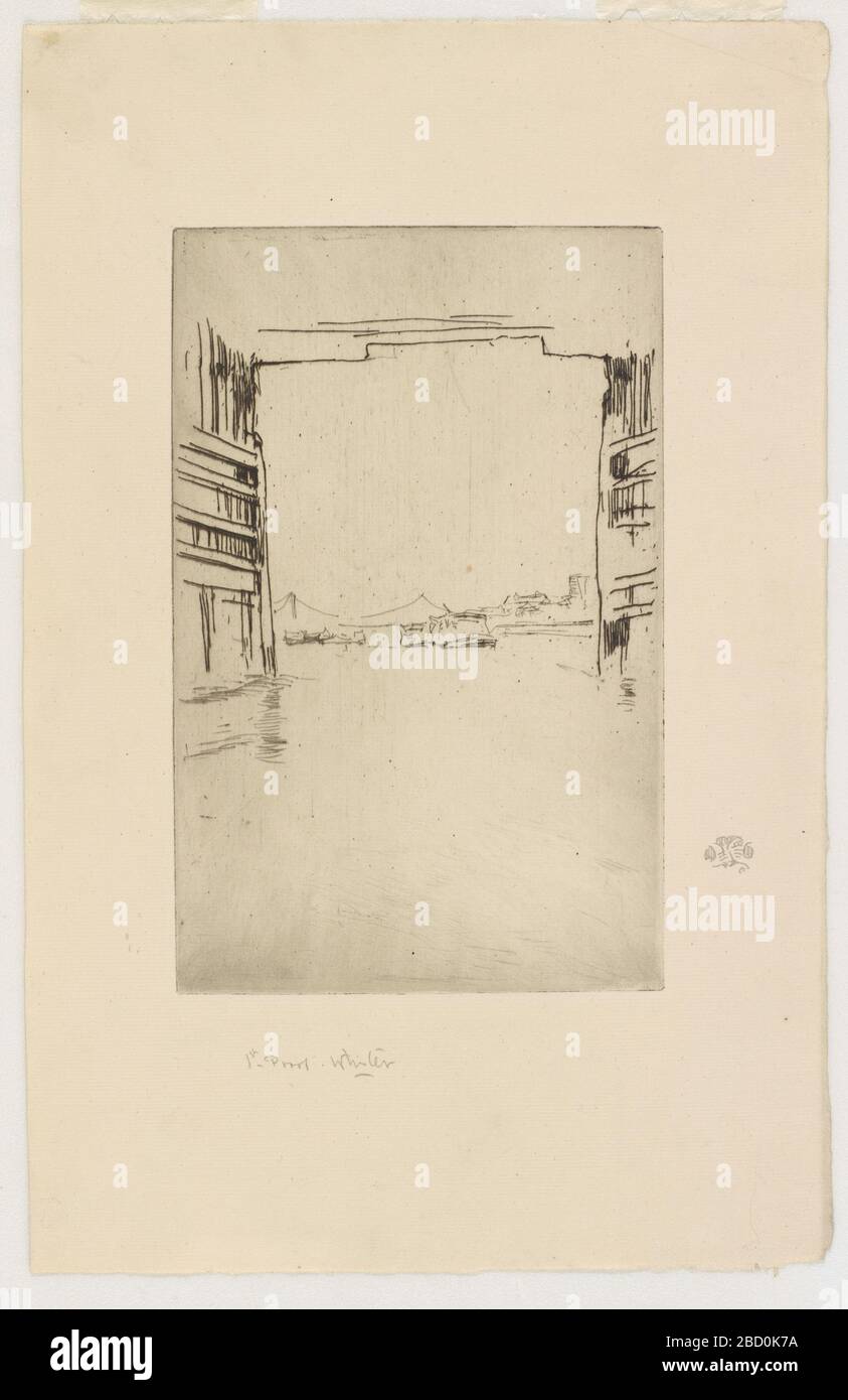 (Artist) James McNeill Whistler; Vereinigte Staaten; 1879; Radierung auf Papier; H x B: 21,4 x 13,7 cm (8 7/16 x 5 3/8 in); Geschenk von Charles lang Freer unter Old Battersea Bridge Stockfoto