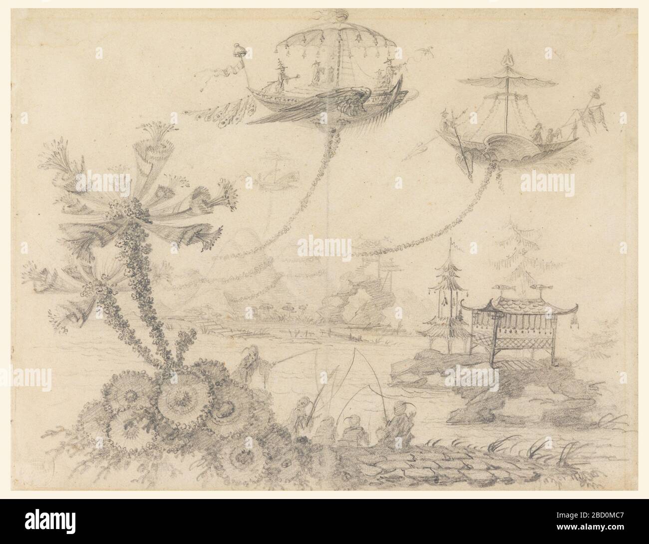 Chinoiserie Fantasy. Die Forschung in ProgressScene oben auf dem Blatt zeigt zwei fantastische Boote, die im Luftkampf eingesetzt werden. Chinoiserie Fantasy Stockfoto